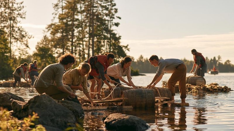 Two teams lashing barrels into rafts at the edge of a lake in late sun.