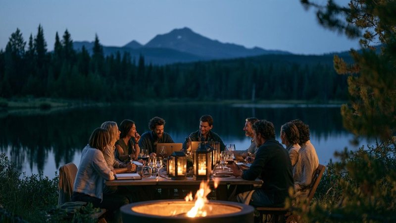 A small group around a fire pit at a lakeside lodge at dusk, mountains behind.