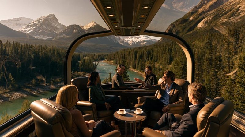 A glass-domed observation carriage in the Rockies, a small group talking in armchairs.