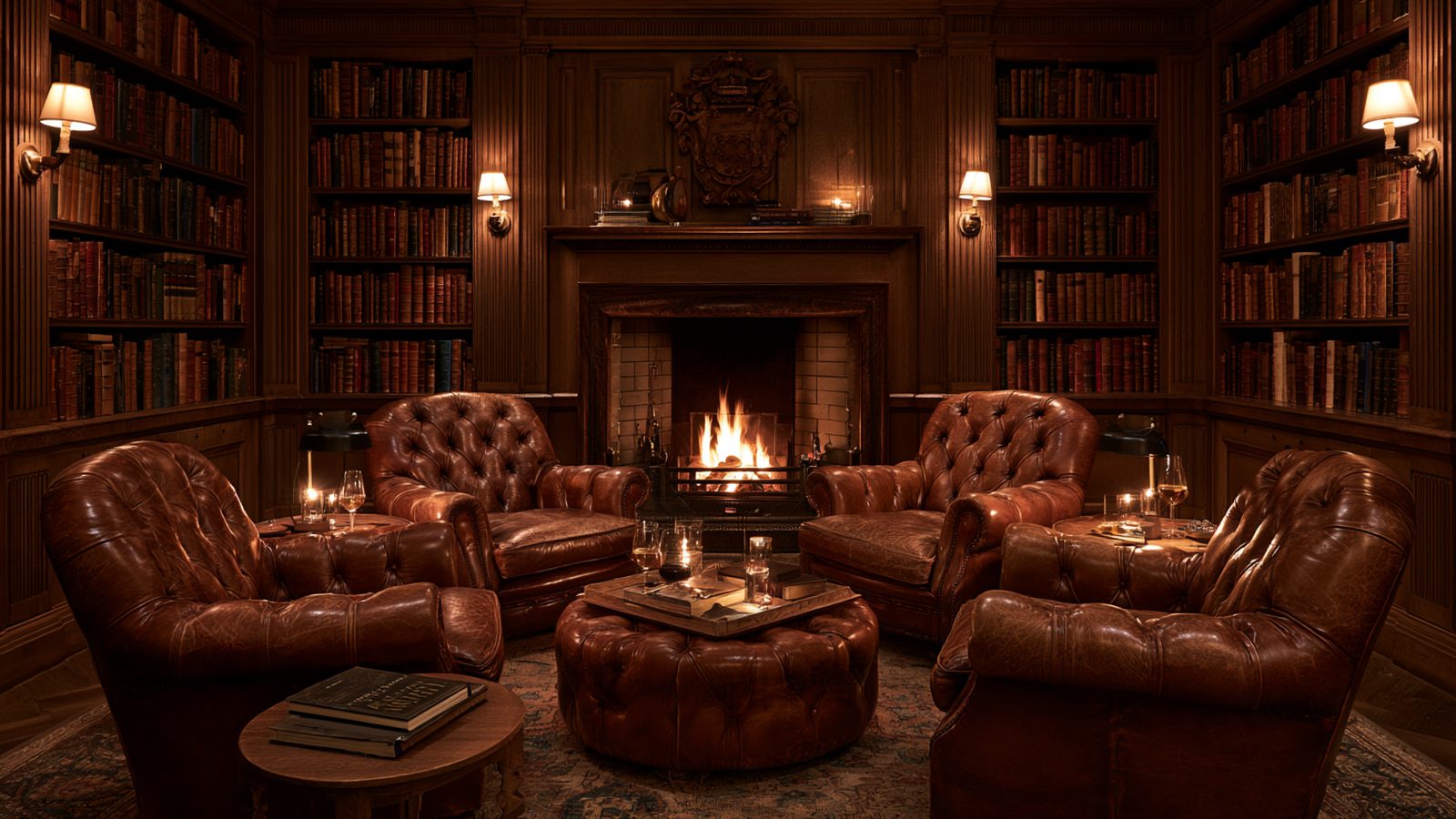 A quiet corner of a private club, low light and two chairs drawn together.