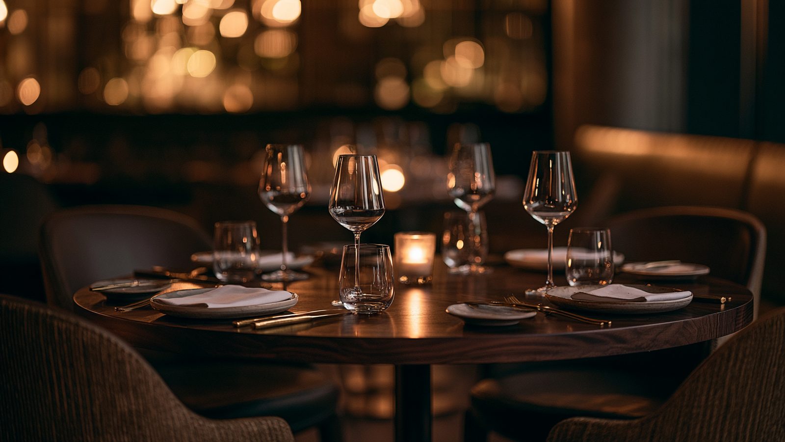 A small round table set for dinner in a quiet modern restaurant, candle lit, glasses waiting.