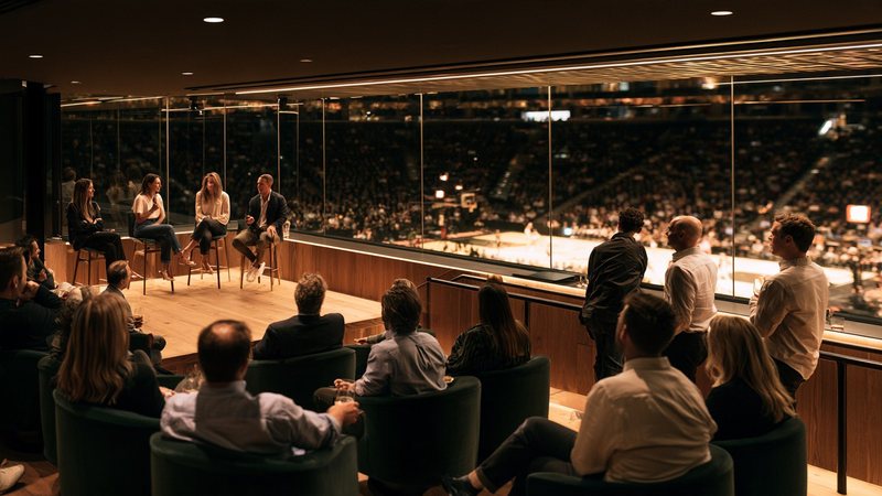 A small in-house panel in a private box, a room of guests listening, the game lit up beyond the glass.