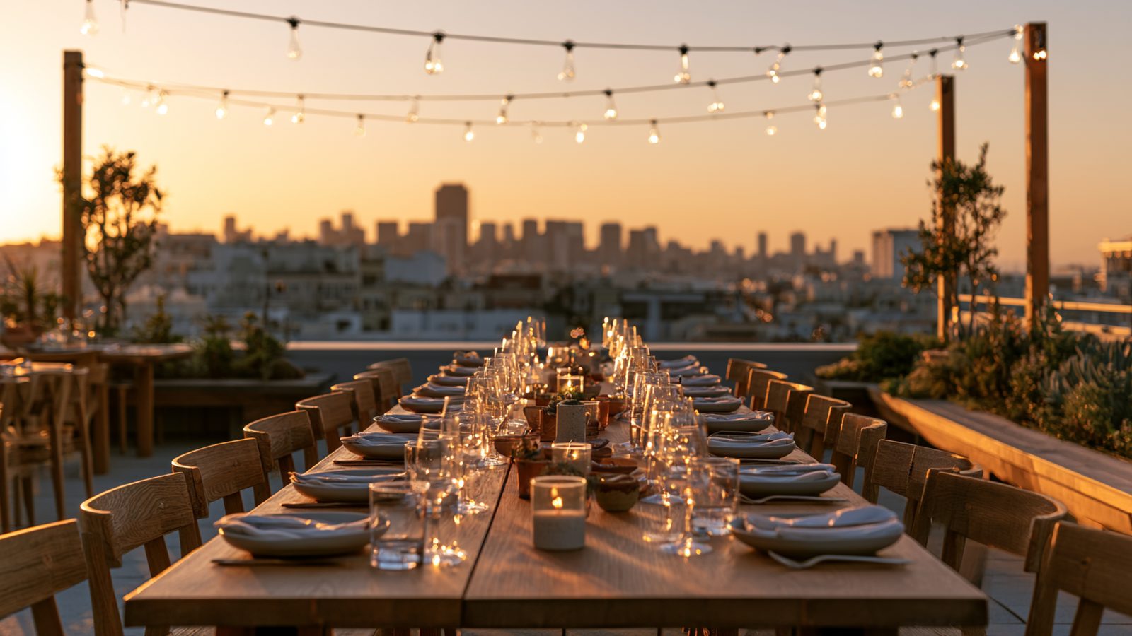 A long table laid for dinner on a rooftop at dusk, string lights above it and the city skyline behind.